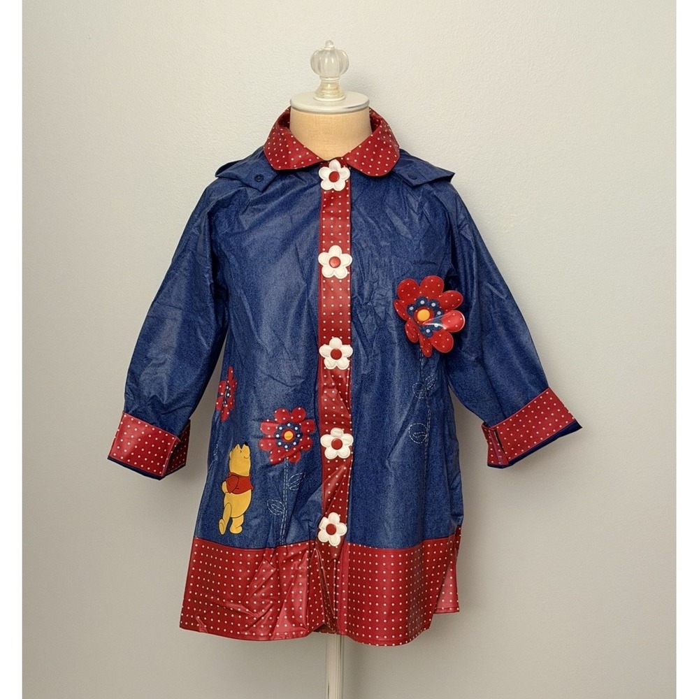 Vtg Disney Winnie the Pooh Kids S/M PVC Raincoat Hooded 3D Flowers Buttons